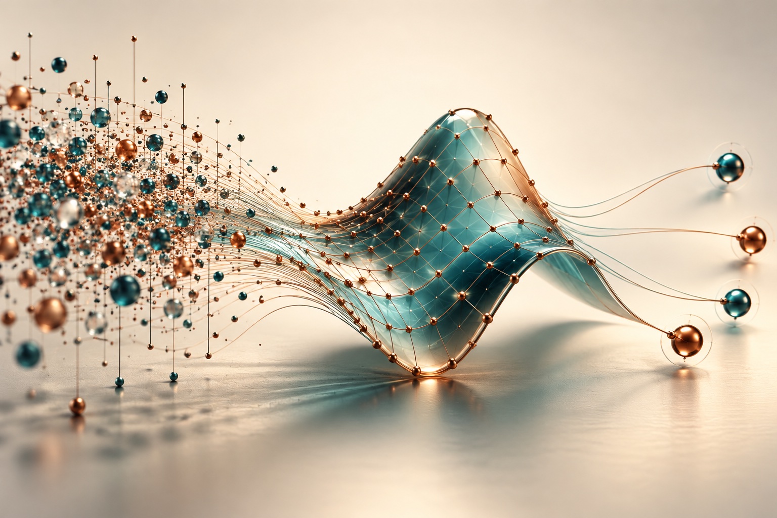 Concept illustration: scattered observations become a learned surface and predicted outputs.