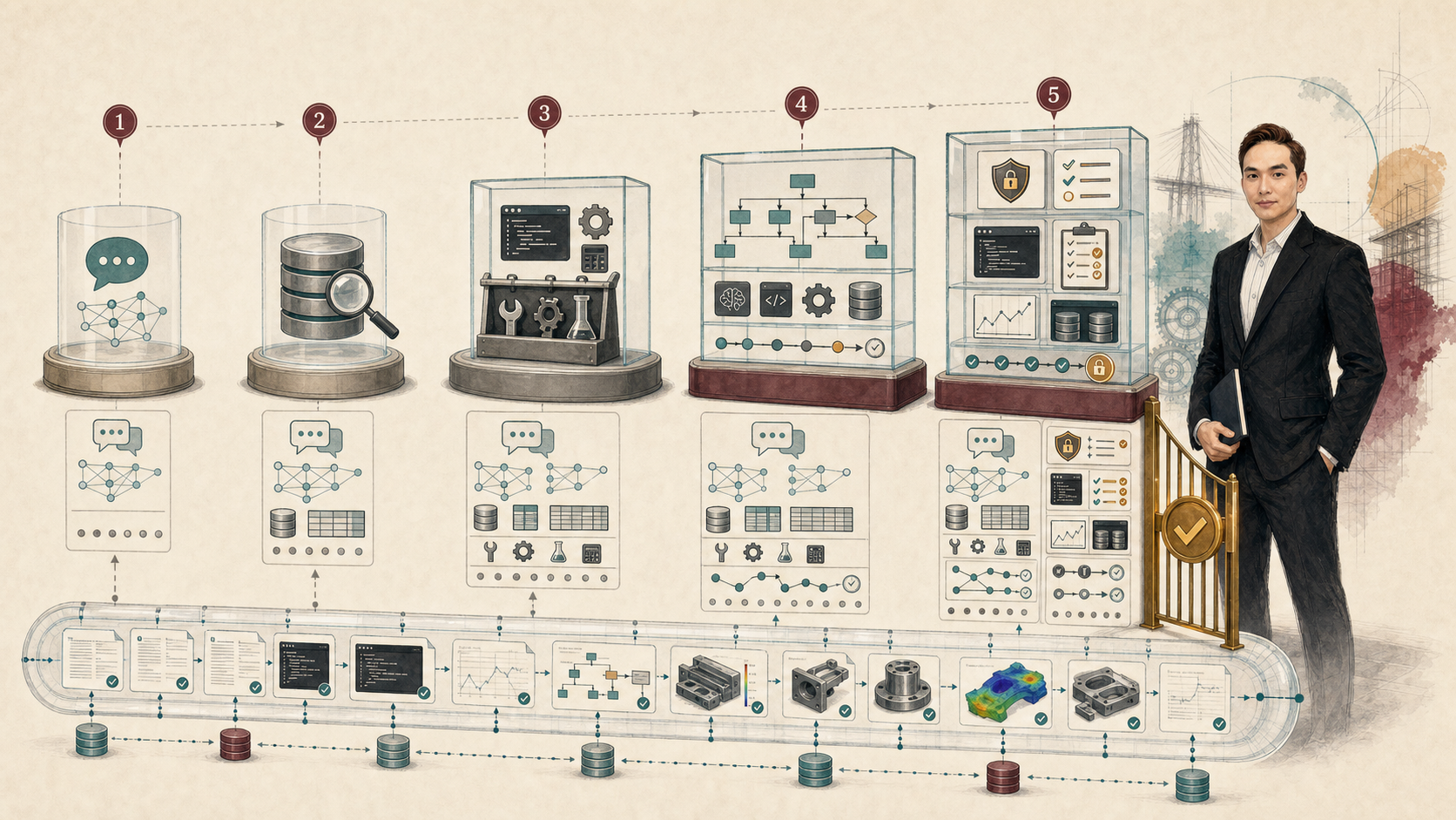 Evolution from chat to retrieval, deterministic tools, and a bounded agent that plans and acts