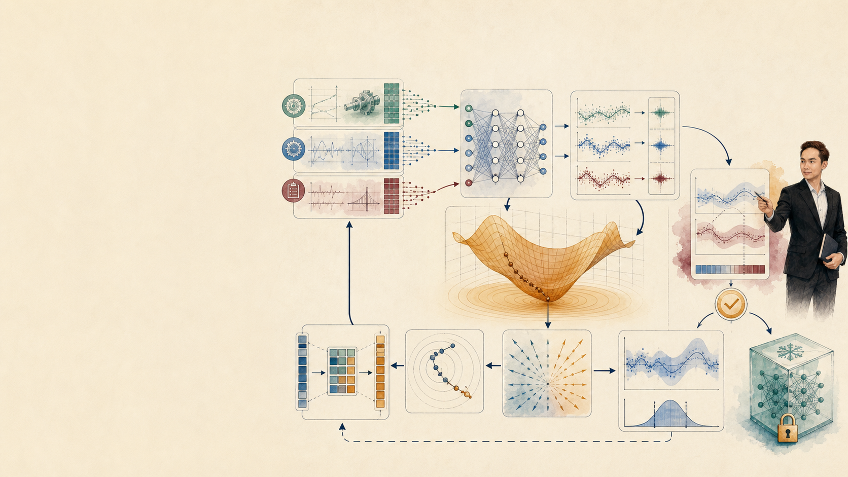 Software 2.0 training loop with data splits, prediction, loss surface, gradients, optimization, validation, uncertainty, and frozen model artifact