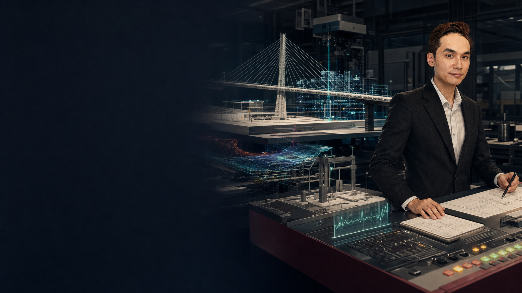Instructor supervising an AI-enabled engineering workflow with a physical bridge and evidence checkpoints