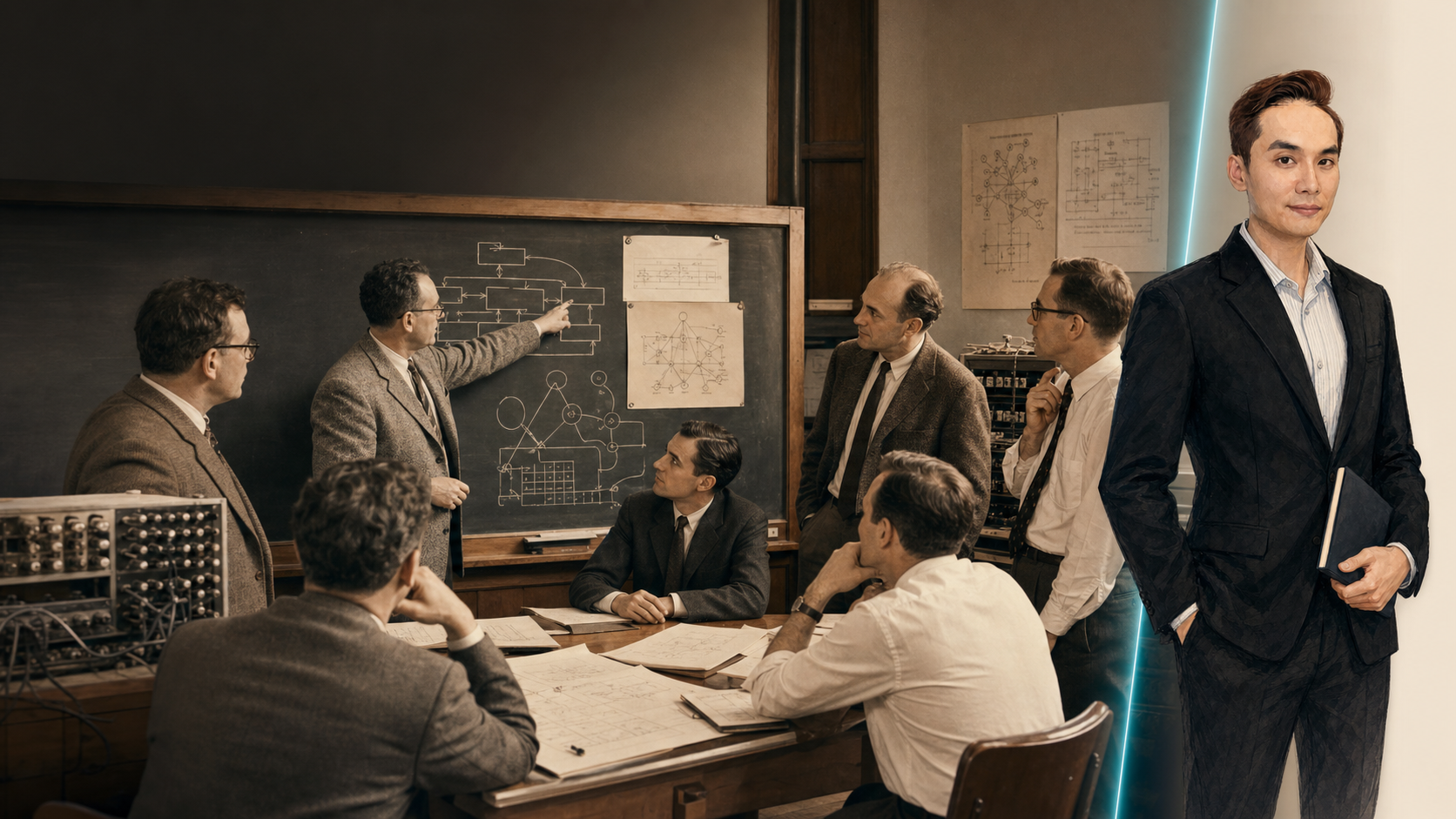Conceptual reconstruction of the 1956 Dartmouth AI workshop with the modern instructor shown separately as narrator