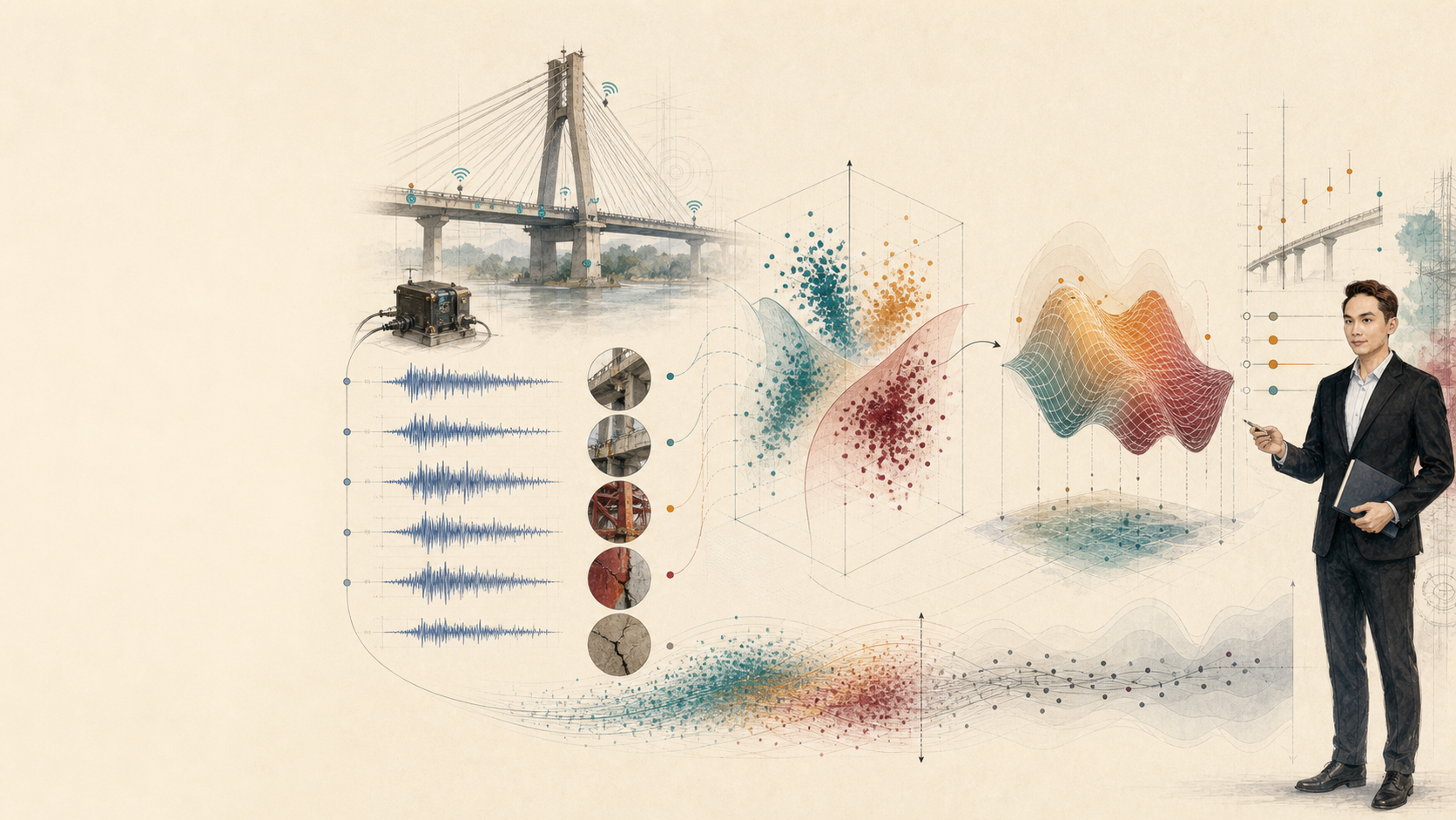 Bridge measurements becoming a feature space, optimized prediction surface, uncertainty, and held-out evaluation