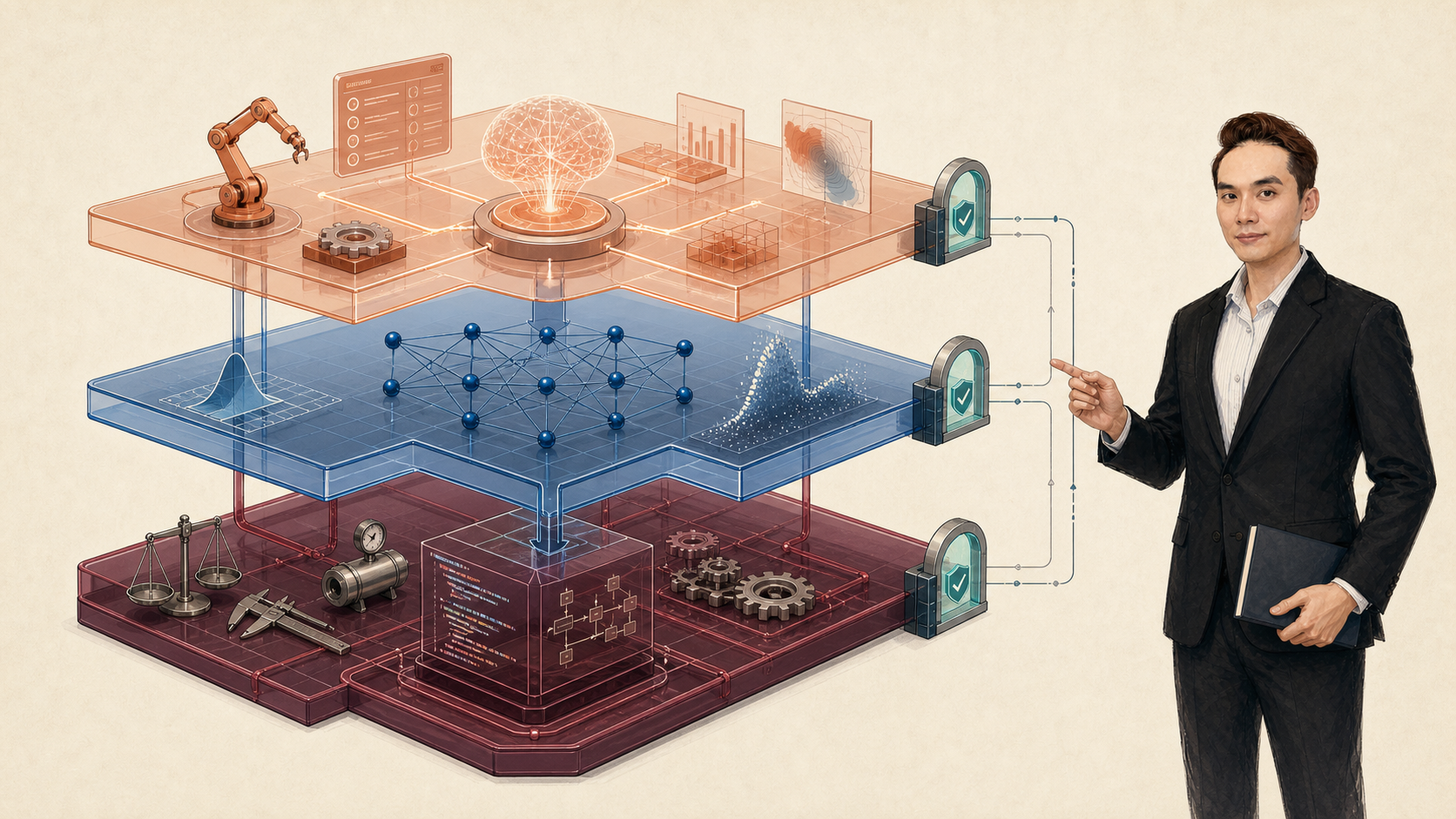 Three-layer engineering software architecture with deterministic code, learned models, and an agent layer